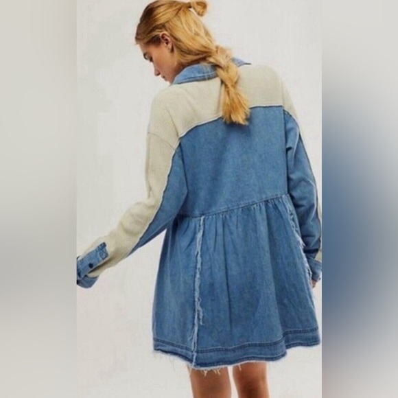 Free People Jean Tunic Dress Blue Beige Button Front Mixed Fabric Size XS - Picture 2 of 16